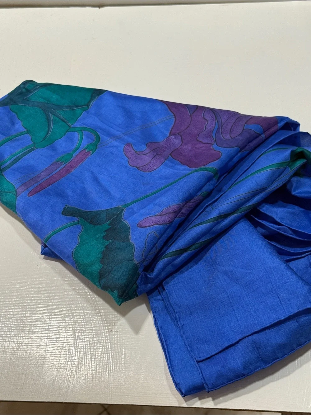 Vibrant Blue Floral Silk Scarf block printed stunning 35” by 36”